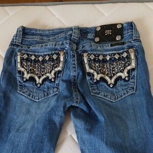 Miss Me Blue Embroidered & Rhinestone Pocket Bootcut Jeans